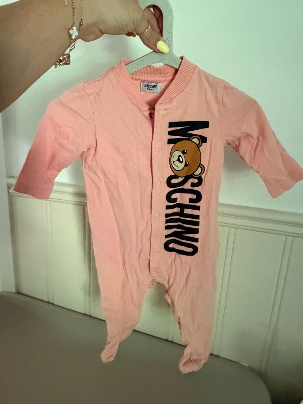 Moschino Pink Teddy Logo Footed One-Piece